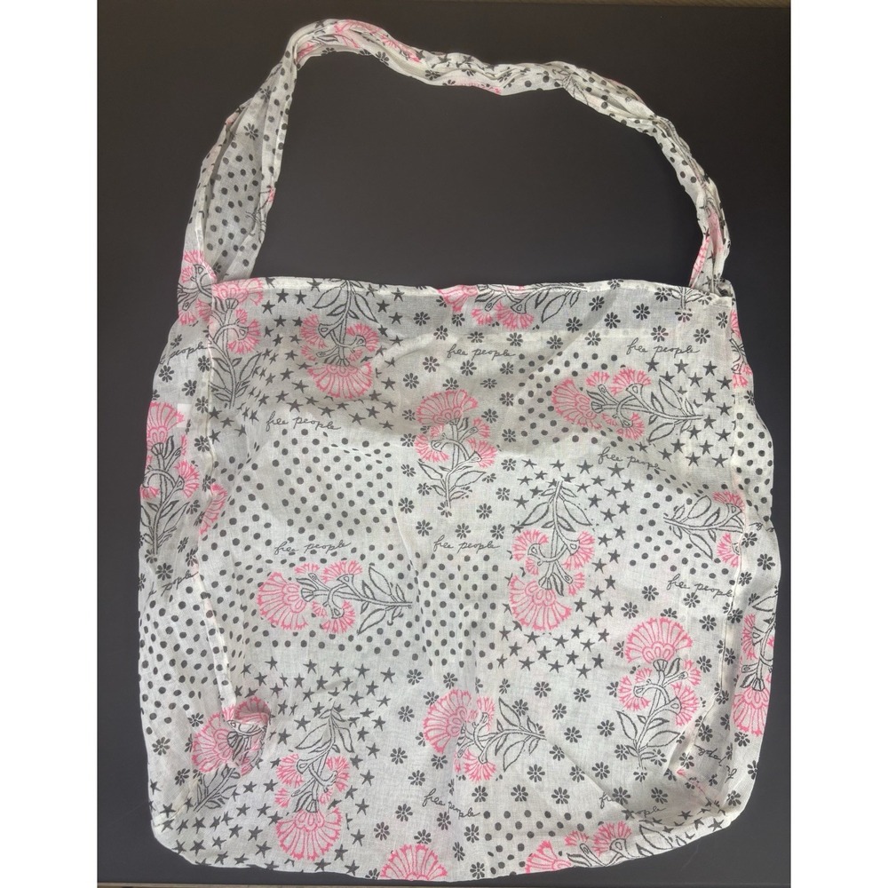 Free People Shopper‎ Tote Bag Linen Semi Sheer Boho Floral Black Pink Ivory 18"